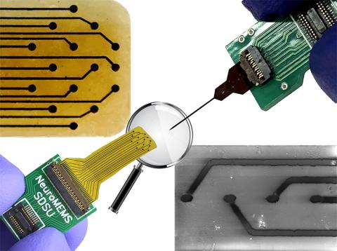 This all glassy carbon neural probe comes in two forms for monitoring different brain areas. Electrodes are embedded in a flat, flexible substrate for electrocorticography (ECoG) monitoring on the surface of the brain (lower left, magnification of electrode array used for electrical stimulation, upper left) and connected to a thin needle for intracortical readings deeper within the brain (upper right, magnification of electrode array used for dopamine detection, lower right).