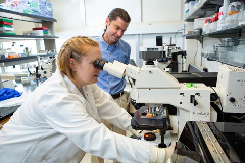 A young woman in a white lab coat looking through a microscope while a man looks over her shoulder at the sample she is studying