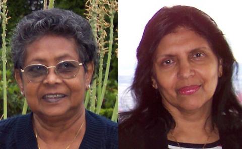 Side-by-side headshots of the Fernandos' mothers, Monica Fernando and Indra Silva