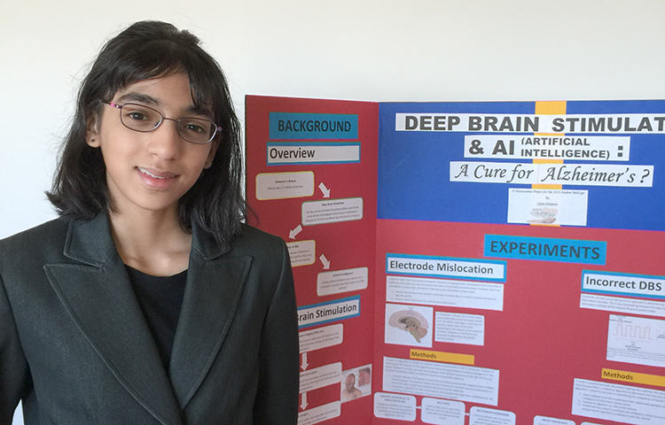 NWABR Student Bio Expo participant, Claris Winston, with her presentation that explains how deep-brain stimulation and artificial intelligence, when combined, could create better outcomes for people with Alzheimer’s disease.