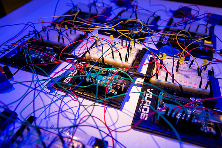 Photo of networked Arduinos (artificial neural network)
